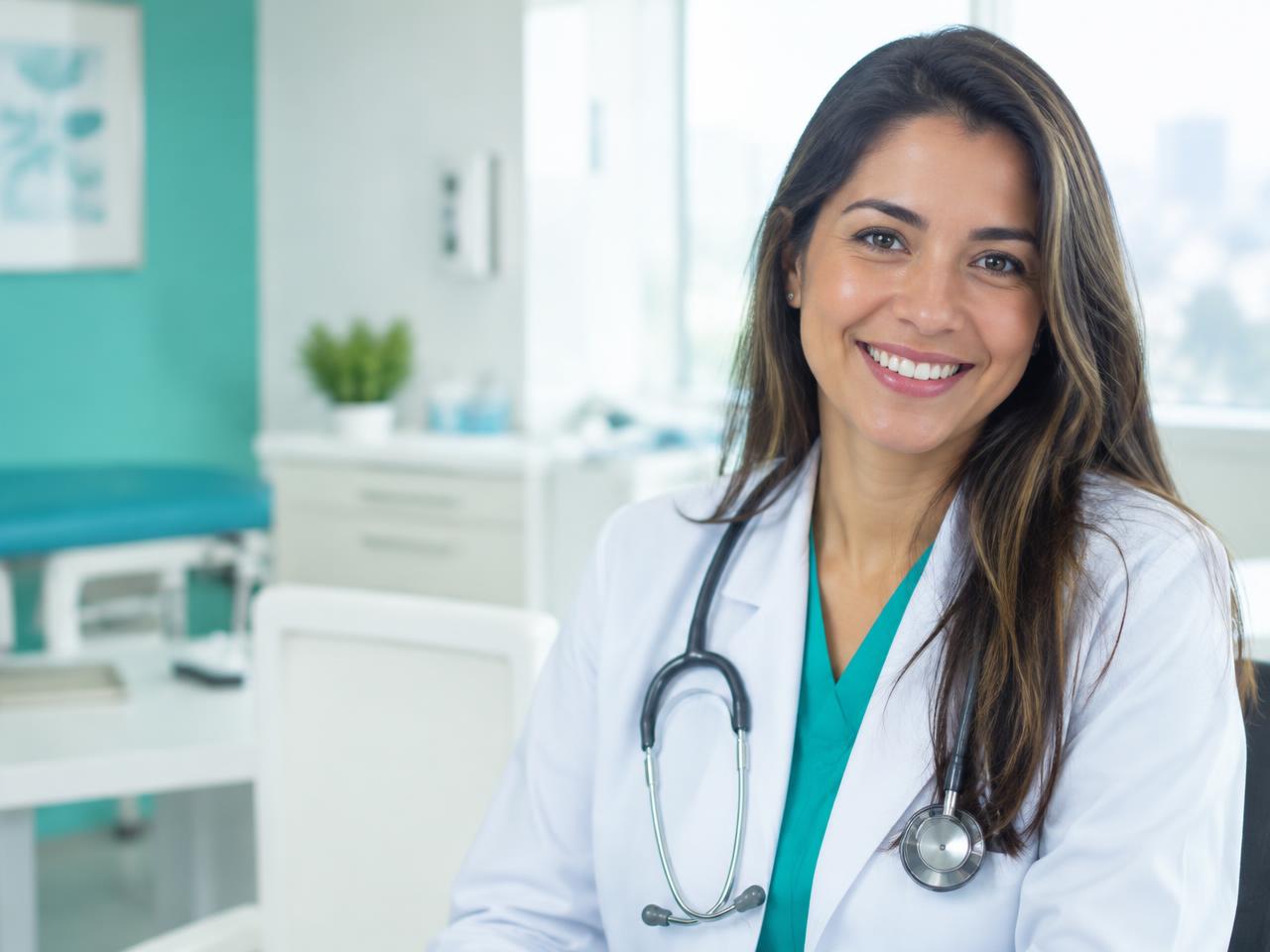 Médica sorridente em consultório moderno